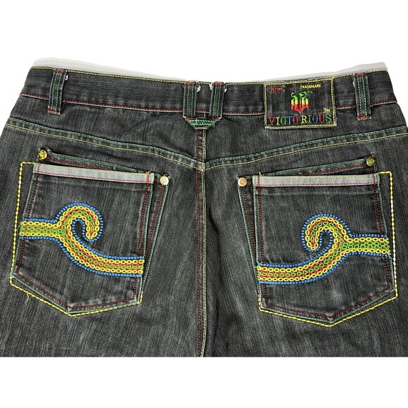 VTG 90s Y2K VICTORIOUS Colorful Embroidered Black Denim Shorts Men Size 40 (B1) - Picture 9 of 15